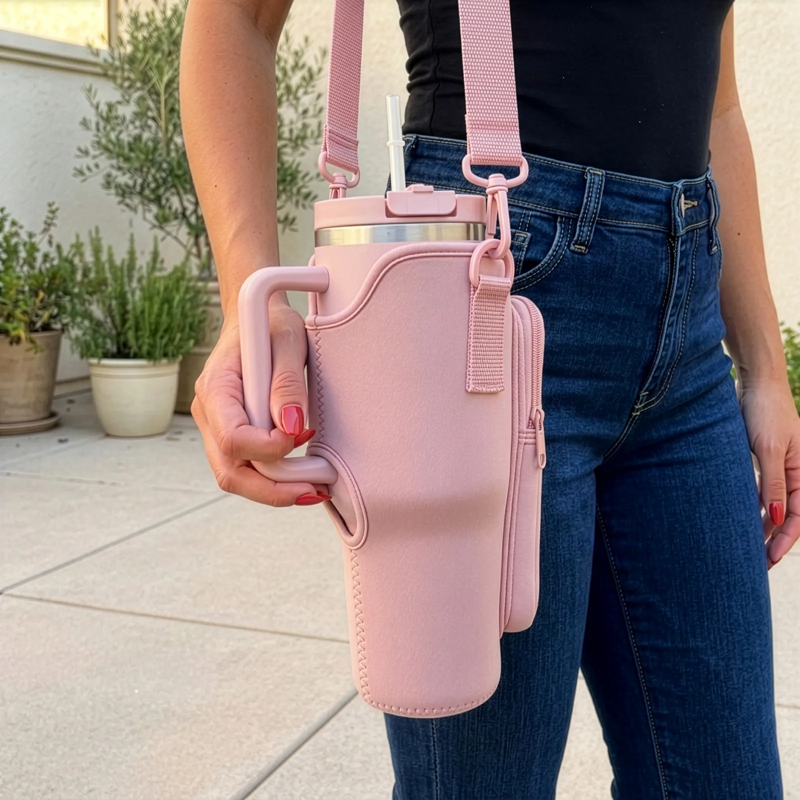 Modelo usando morral rosado SUMAQ